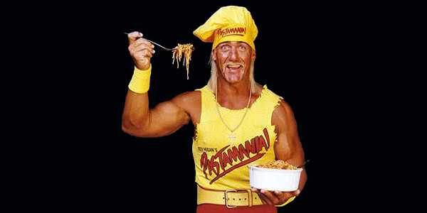 Hulk Hogan serves up a bowl of spaghetti at Pastamania.