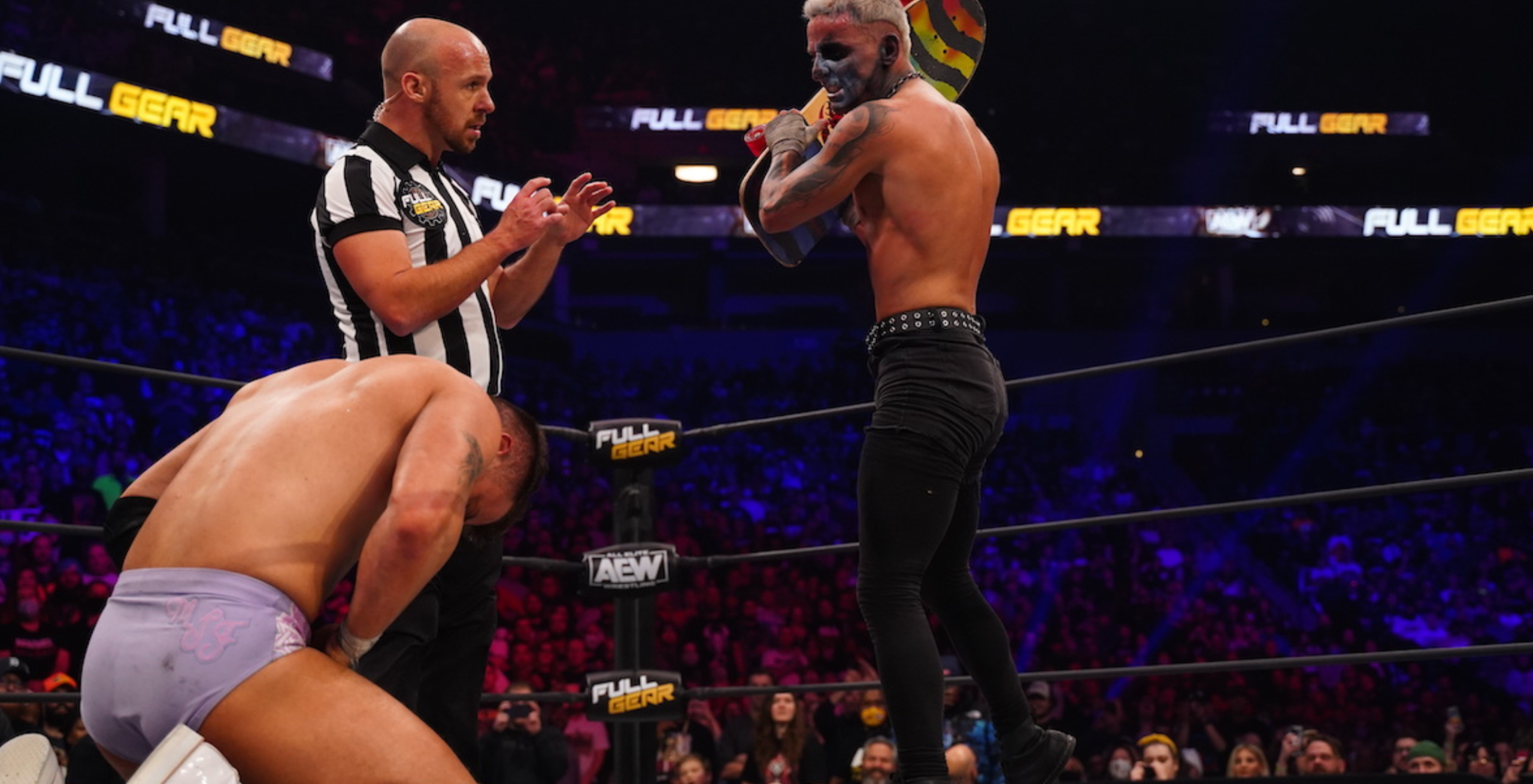 MJF adjusts his jock during his Full Gear match against Darby Allin.