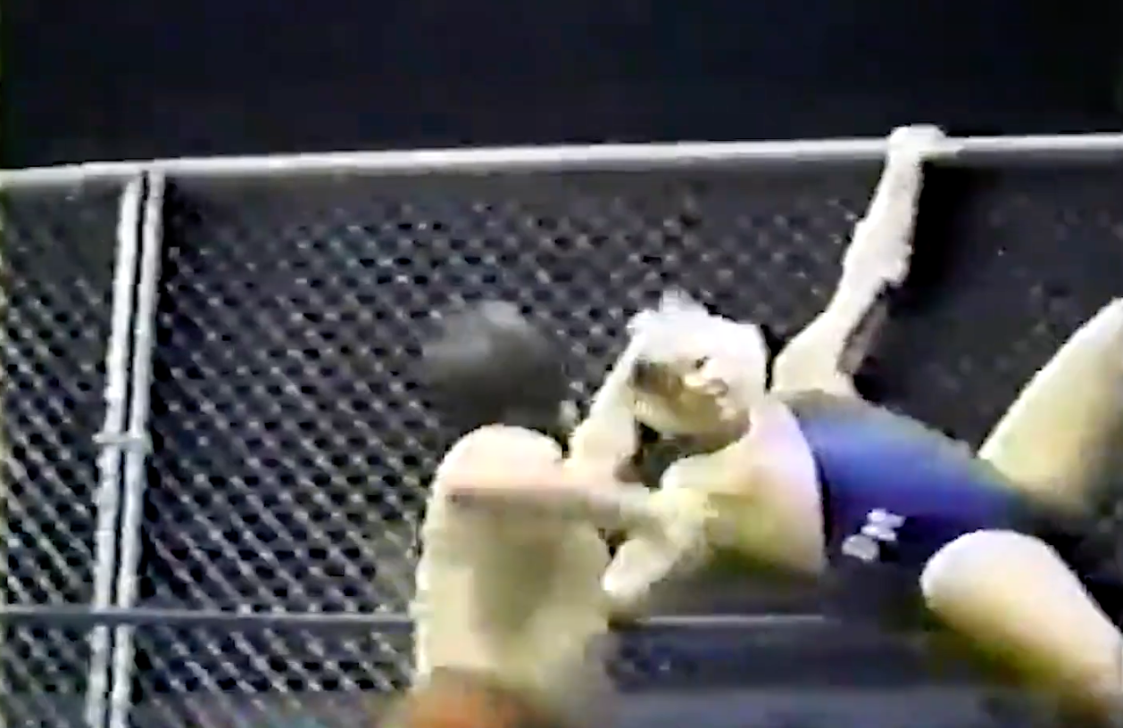 Bobby Heenan clings to the top of the cage as Pepper Gomez punches him.